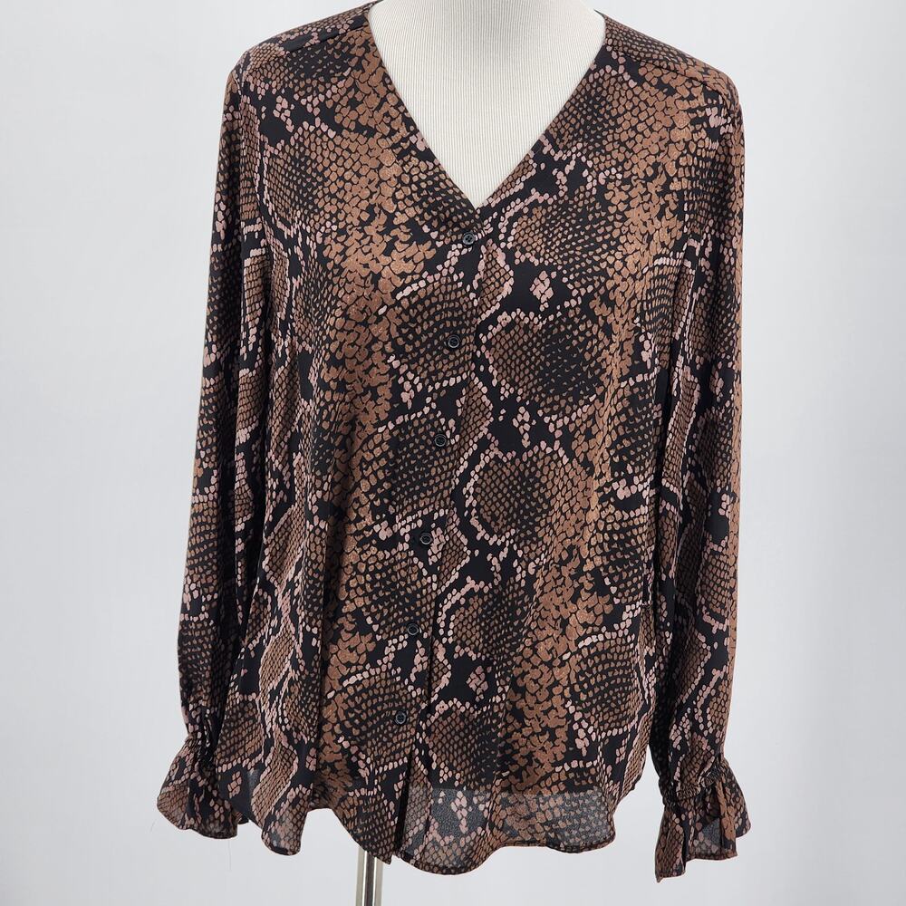 T Tahari Snakeskin Semi-Sheer V-Neck Blouse w/ Ruffle sleeve cuffs NWT Sz Large